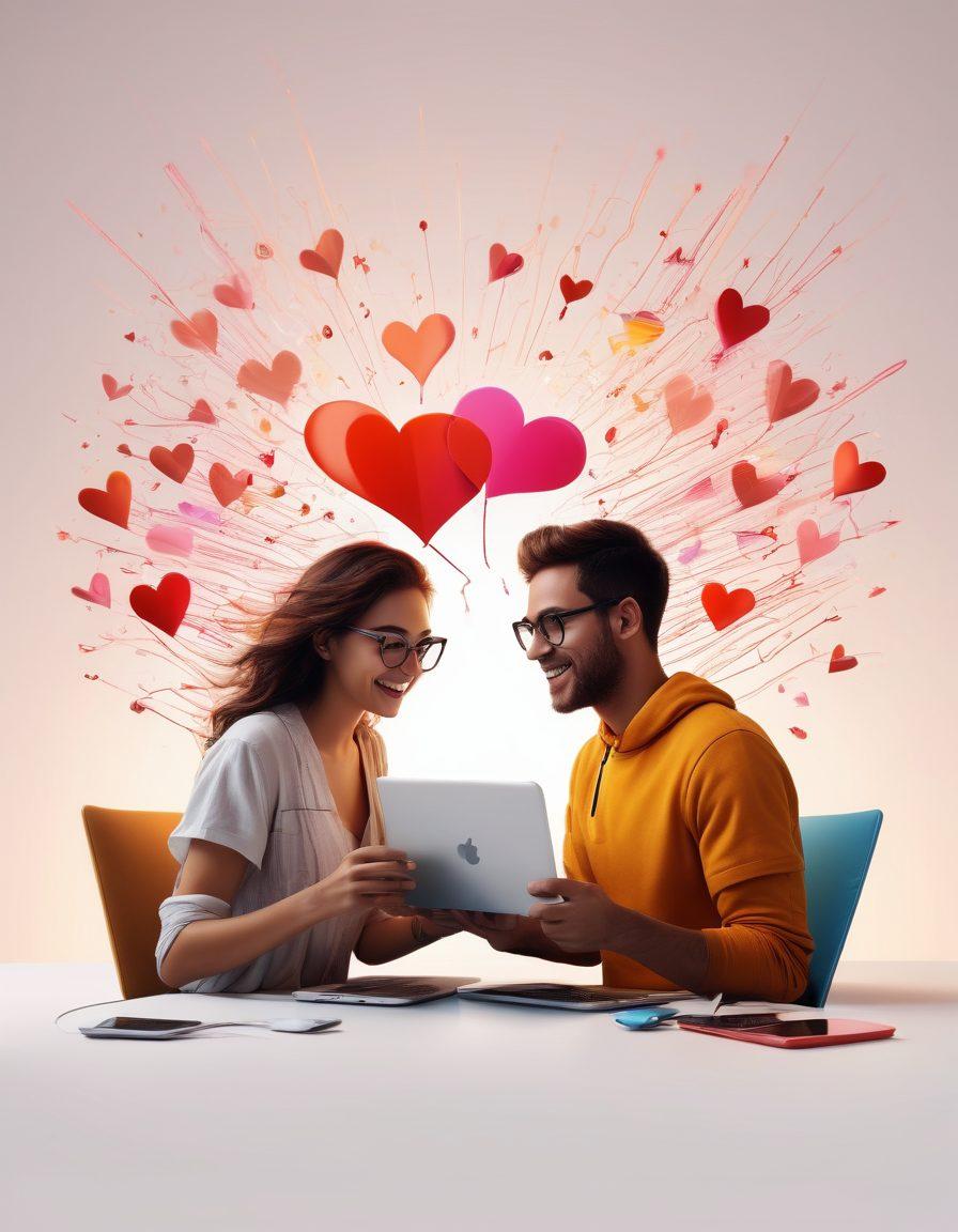 A dynamic scene depicting a couple engaging in a video call, surrounded by various online connection tools like laptops and smartphones. Incorporate symbols of love such as hearts floating in the digital space. Colorful digital elements and symbols of speed (like lightning bolts) intertwine with the technology. Bright and warm color palette to evoke feelings of love and connection. super-realistic. vibrant colors. white background.