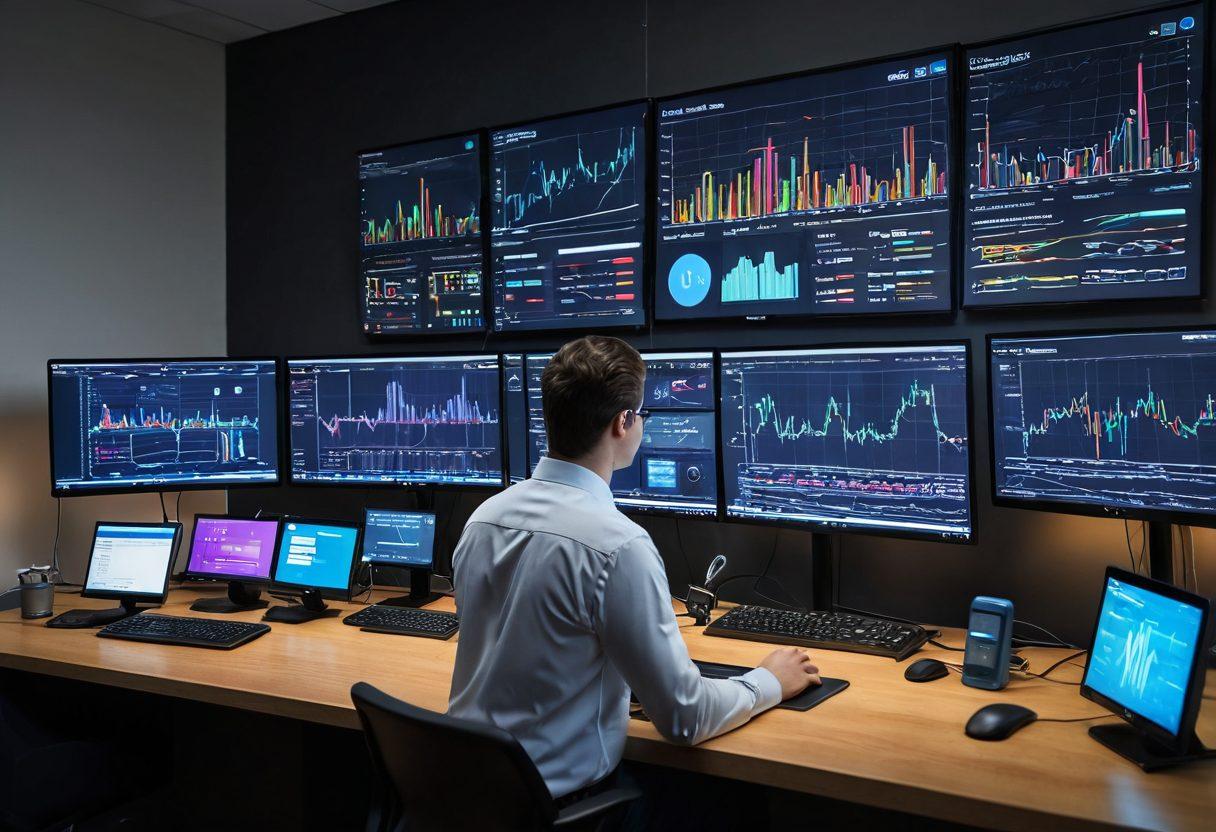 A sleek, modern workspace featuring a high-tech computer setup displaying colorful graphs and metrics of internet performance testing. In the foreground, a person is engaging with multiple screens showing 'Ping', 'Throughput', and various network diagnostics. The background includes network cables and Wi-Fi symbols representing connectivity. The atmosphere is dynamic and focused, highlighting the mastery of internet performance. super-realistic. vibrant colors. 3D.